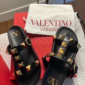 Valentino Garavani Black Sandals with Gold Studs, Roman Studs